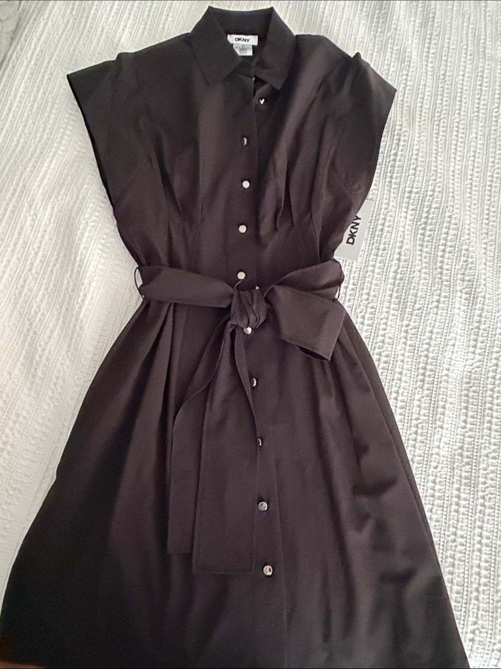 DKNY Black Button-Front Midi Dress with Waist Tie